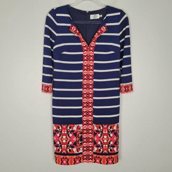Eliza J Shift Dress 3/4 Sleeve Stretch Striped Navy White Pink Orange Size 2P - Picture 1 of 11